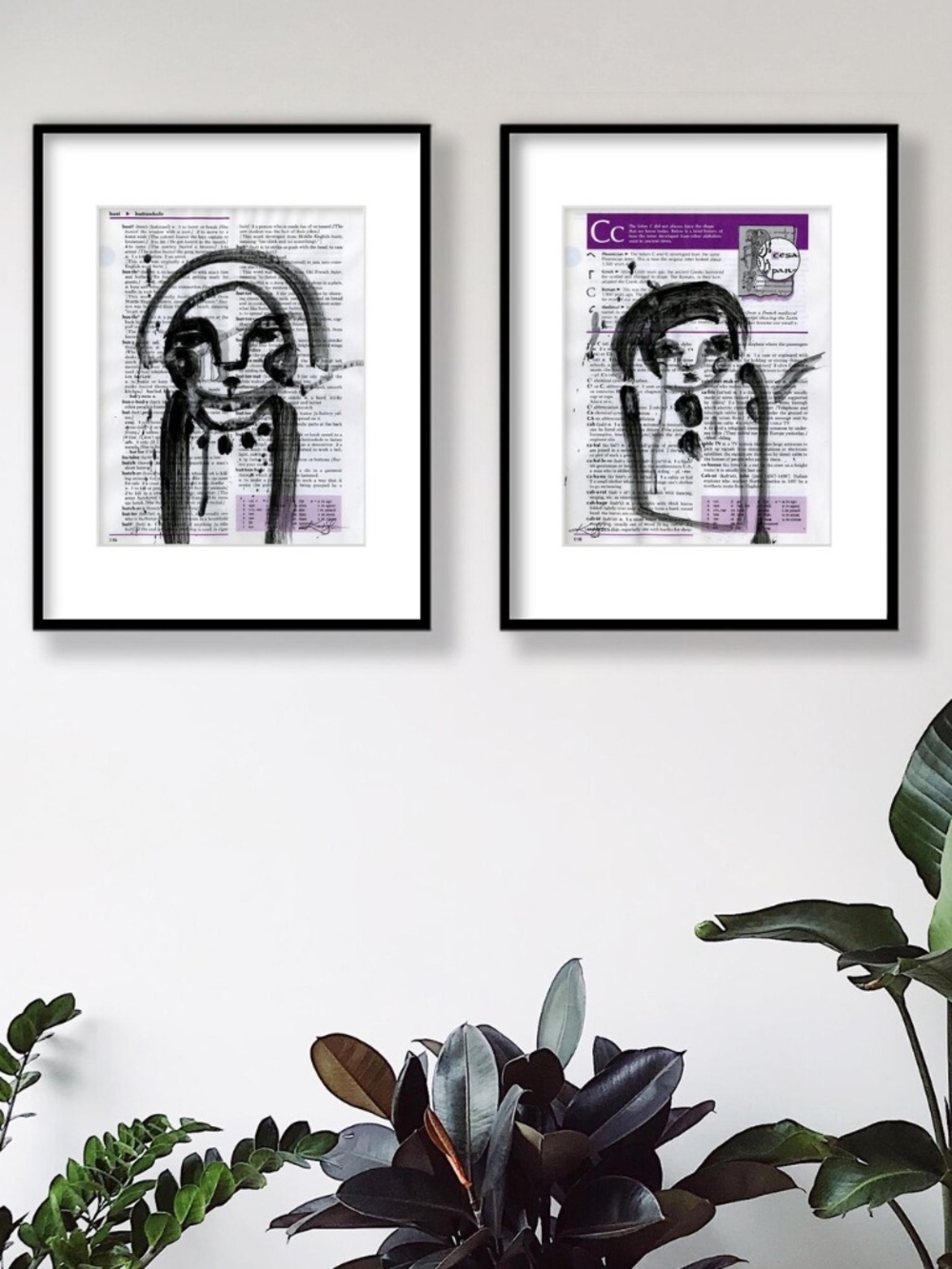 2 original Funky Face sketches on vintage dictionary pages - Funky Face Doodle